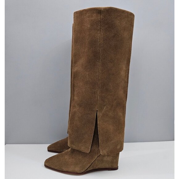 Vince Camuto Tibani Knee High Boot Women 9.5 Brown Suede Cuffed Wedge Heel NEW - Picture 1 of 16